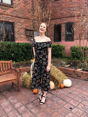 Mo:Vint New York | Cotton Black Floral Jumpsuit Romper | Size Large